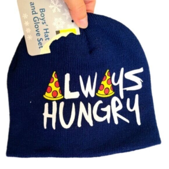 Boys Graphic Pizza Navy Blue Warm Fall Winter Beanie Toque Hat and Glove Set - Picture 1 of 4